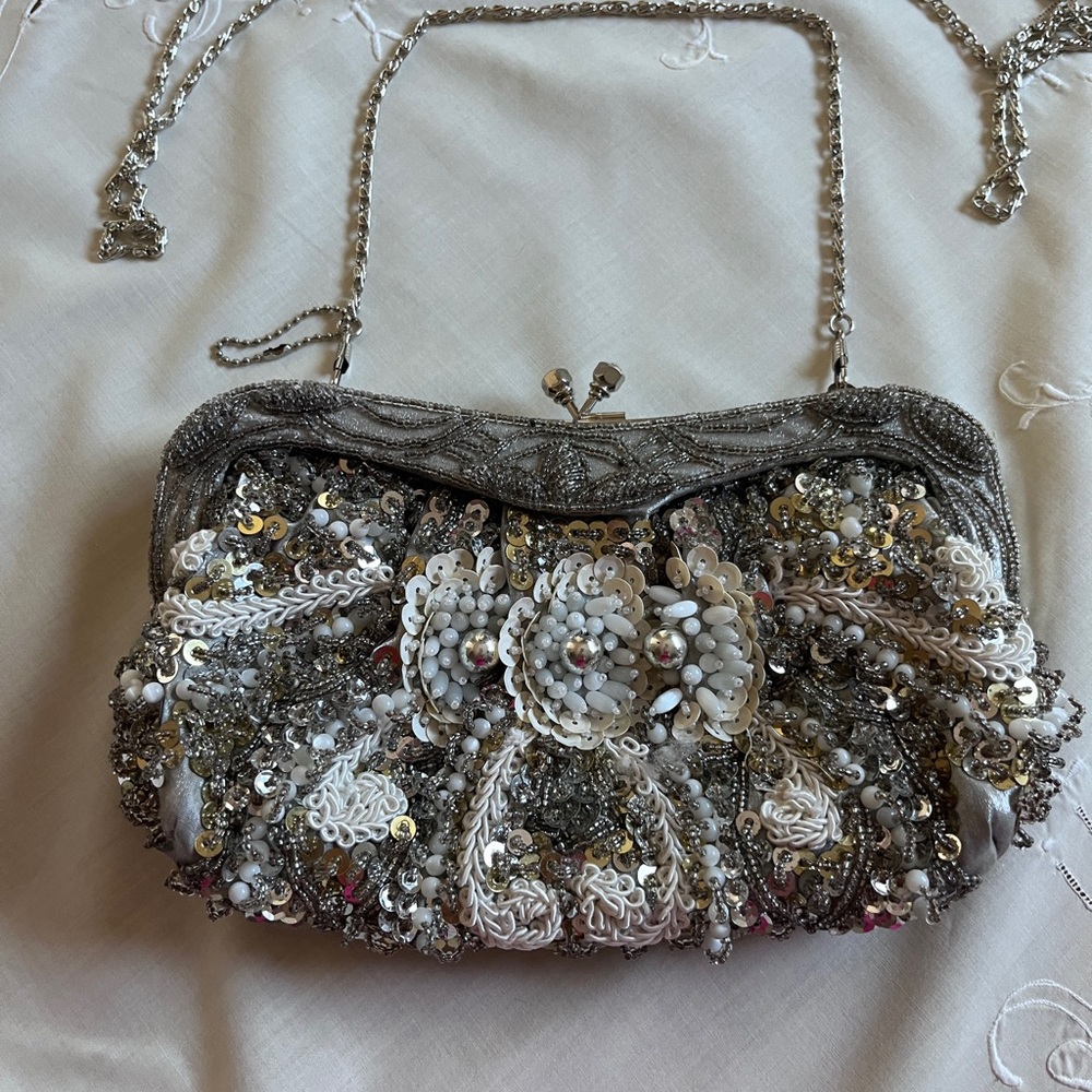 Mary Frances Silver and White Beaded Clutch